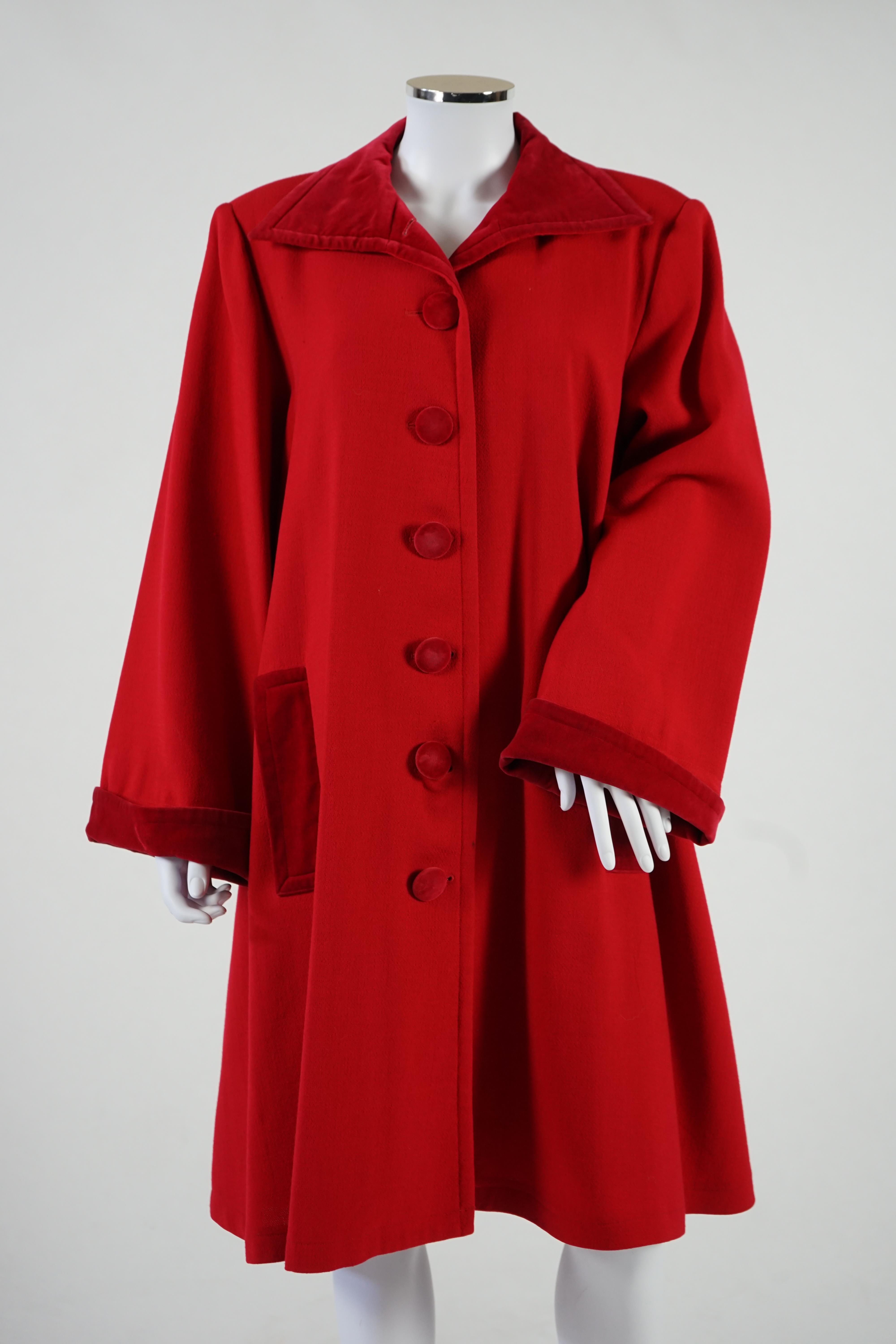 A vintage Yves Saint Laurent variation lady's red wool coat with velvet trim, F 40 (UK 12). Proceeds to Happy Paws Puppy Rescue